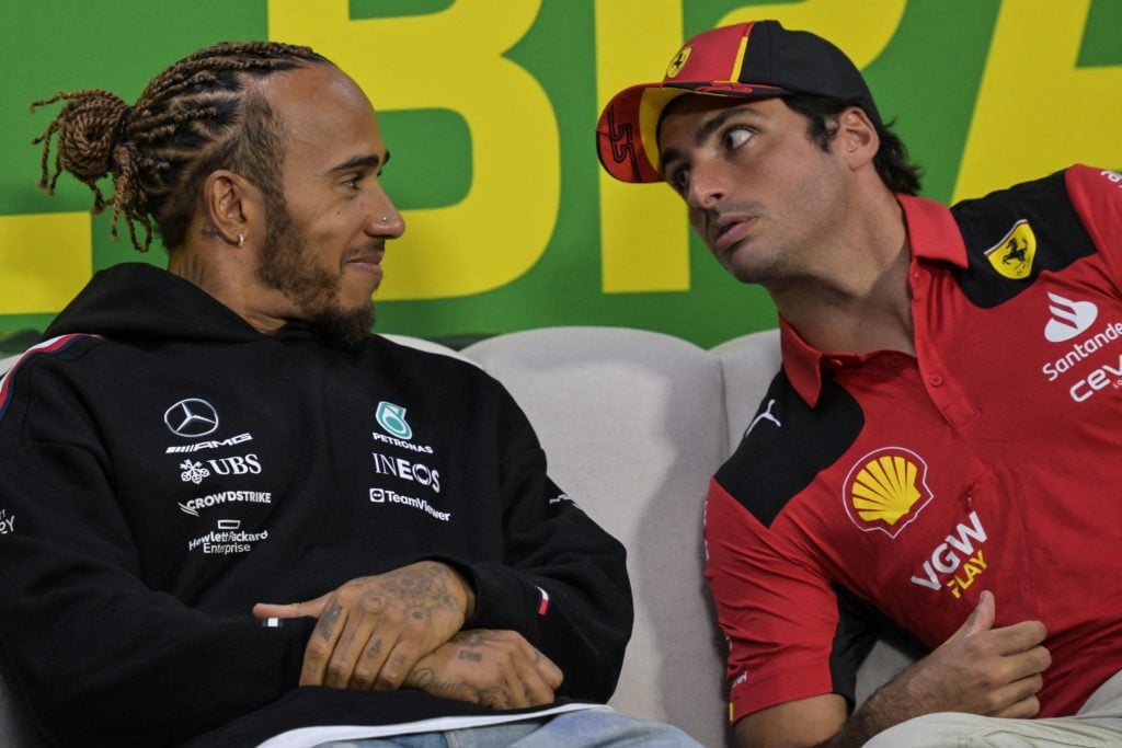 Mercedes driver Lewis Hamilton and Ferrari driver Carlos Sainz at 2023 F1 Sao Paulo GP in Brazil