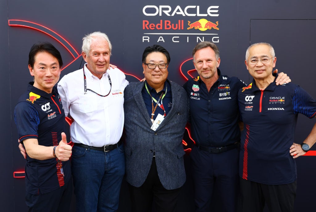 (L-R) Koji Watanabe, HRC President, Red Bull Racing Team Consultant Dr Helmut Marko, Seiji Kuraishi, Honda Chairman, Red Bull Racing Team Principal...