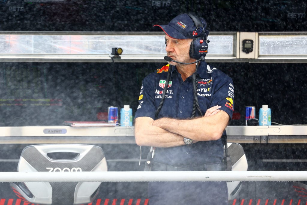 Adrian Newey, the Chief Technical Officer of Red Bull Racing looks on from the pitwall during practice ahead of the F1 Grand Prix of Hungary at Hun...