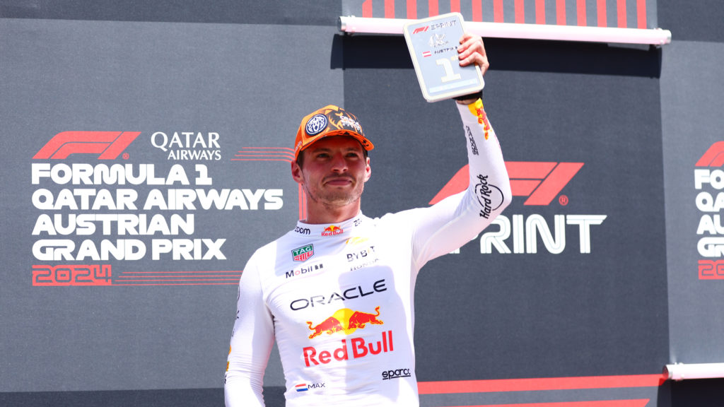 Sprint winner Max Verstappen of the Netherlands and Oracle Red Bull Racing celebrates in parc ferme during the Sprint ahead of the F1 Grand Prix of...