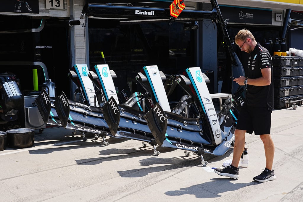 The Mercedes front wing is being displayed during the Formula 1 Hungarian Grand Prix in Hungaroring, Hungary, on July 18, 2024.