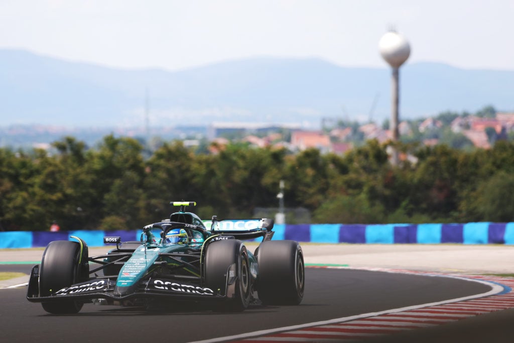 Fernando Alonso of Spain driving the (14) Aston Martin AMR24 Mercedes on track during practice ahead of the F1 Grand Prix of Hungary at Hungaroring...