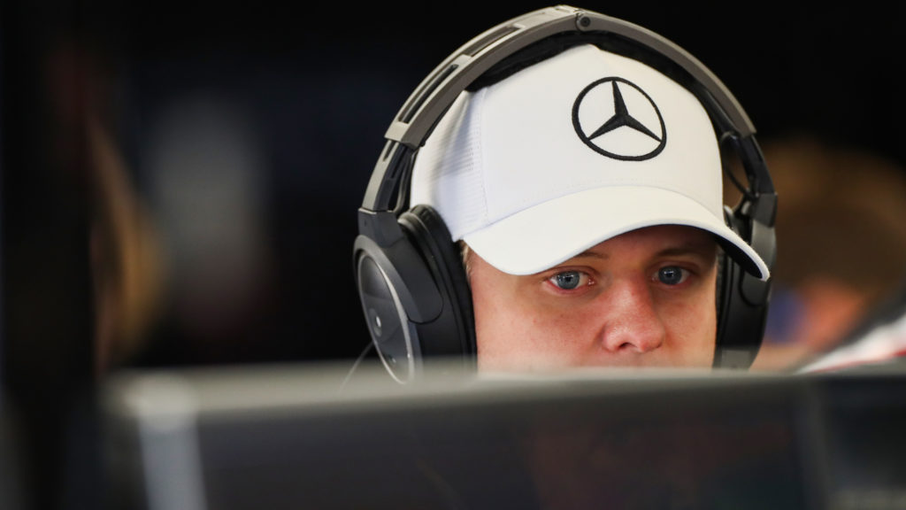 Mick Schumacher of Mercedes AMG Petronas F1 during practice ahead of the F1 Grand Prix of Great Britain at Silverstone Circuit on July 06, 2024 in ...