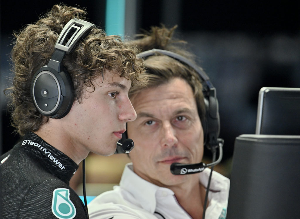 Andrea Kimi Antonelli of Italy and Mercedes-AMG PETRONAS F1 Team and Toto Wolff of Austria and Mercedes-AMG PETRONAS F1 Team in the garage during p...