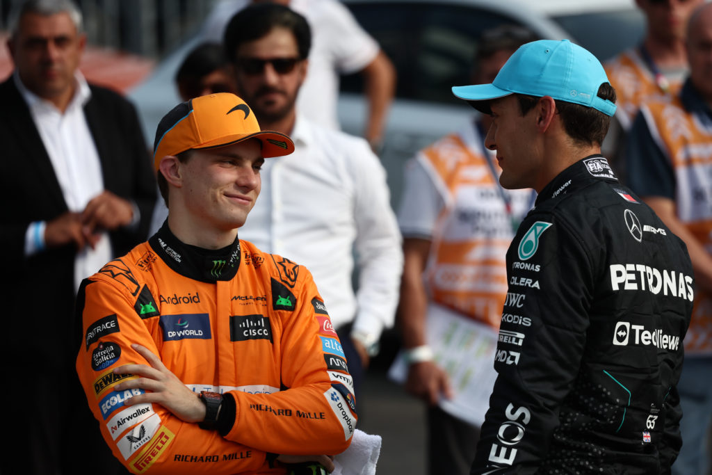 Oscar Piastri of McLaren and George Russell of Mercedes after qualifying ahead of the Formula 1 Italian Grand Prix at Autodromo Nazionale di Monza ...