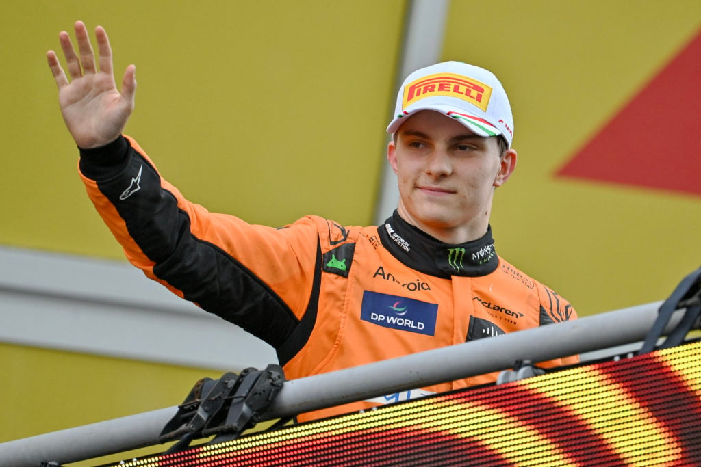 Oscar Piastri of Australia and McLaren F1 Team on the podium during the F1 Grand Prix of Italy at Autodromo Nazionale Monza on September 1, 2024 in...