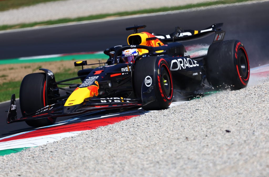 Max Verstappen of the Netherlands driving the (1) Oracle Red Bull Racing RB20 runs wide during practice ahead of the F1 Grand Prix of Italy at Auto...