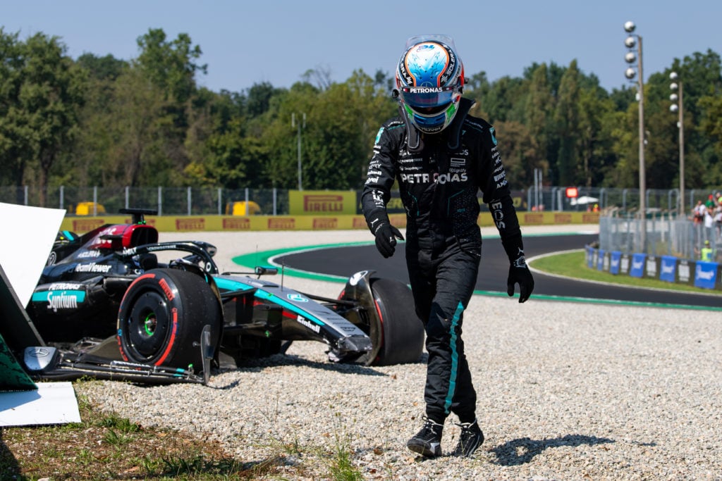 Andrea Kimi Antonelli of Italy and Mercedes AMG walks away after crashing at parabolica during practice ahead of the F1 Grand Prix of Italy at Auto...