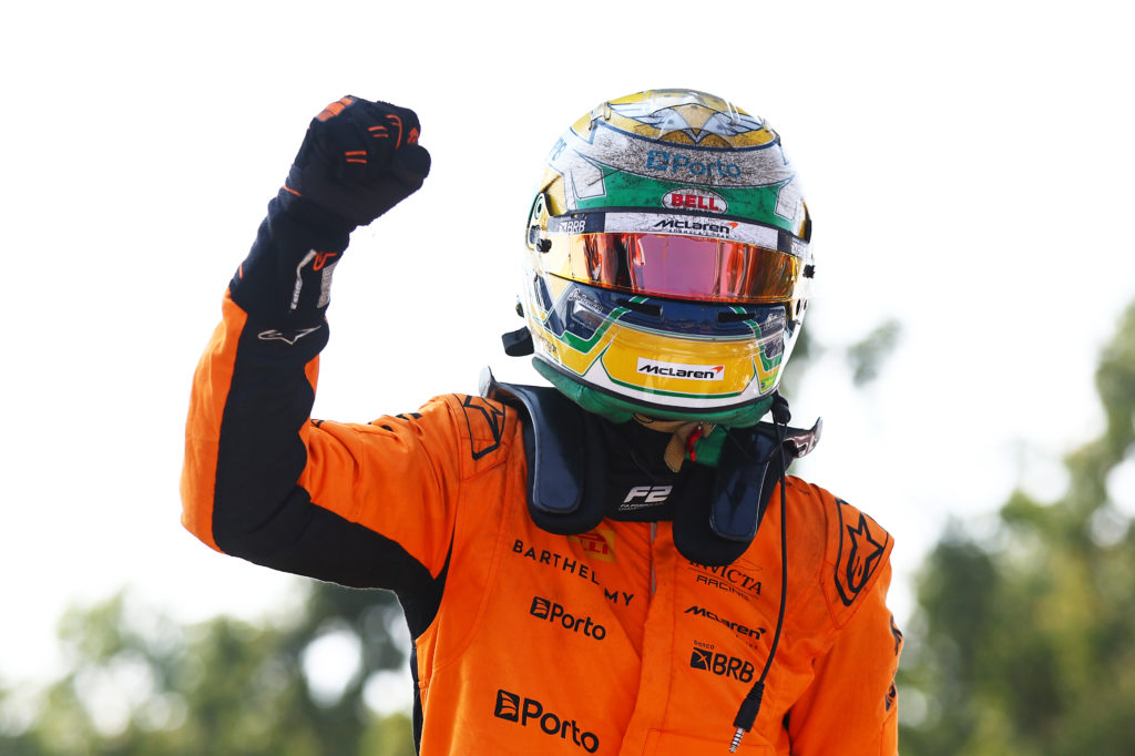 Race winner Gabriel Bortoleto of Brazil and Invicta Racing (10) celebrates in parc ferme during the Round 11 Monza Feature race of the Formula 2 Ch...