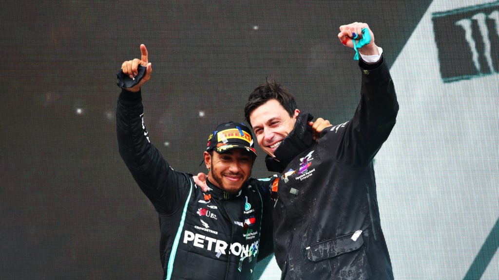 gettyimages-1285788803-1024x576-1 Race winner Lewis Hamilton of Great Britain and Mercedes GP celebrates winning a 7th F1 World Drivers Championship with Mercedes GP Executive Direc...