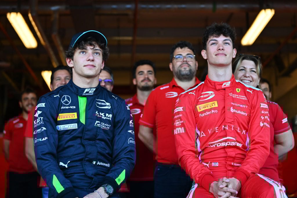 gettyimages-2188684514-1024x683-1 Andrea Kimi Antonelli of Italy and PREMA Racing (4) and Oliver Bearman of Great Britain and PREMA Racing (3) pose for a photo with their team prior...