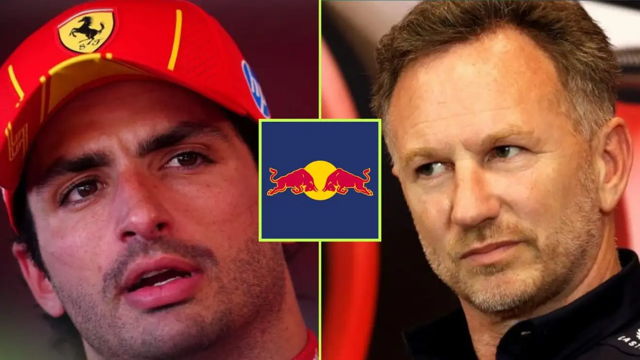 Carlos Sainz and Christian Horner with a Red Bull badge between.