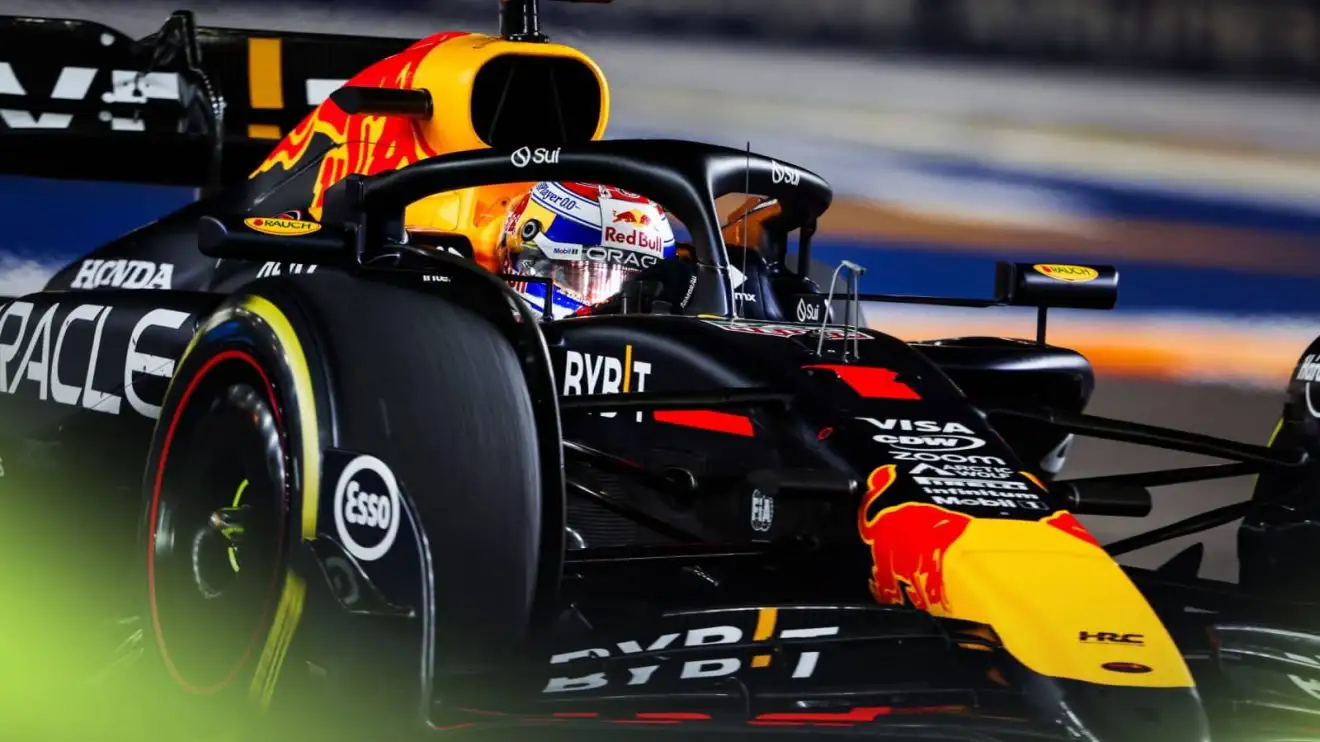 c-690 An action shot of Max Verstappen on track in Singapore