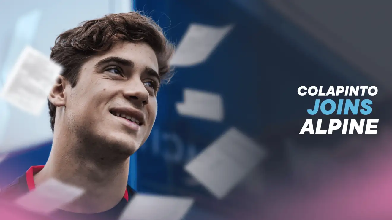 c-693 Franco Colapinto smiling with contracts falling around him and a banner reading: 'Colapinto joins Alpine'