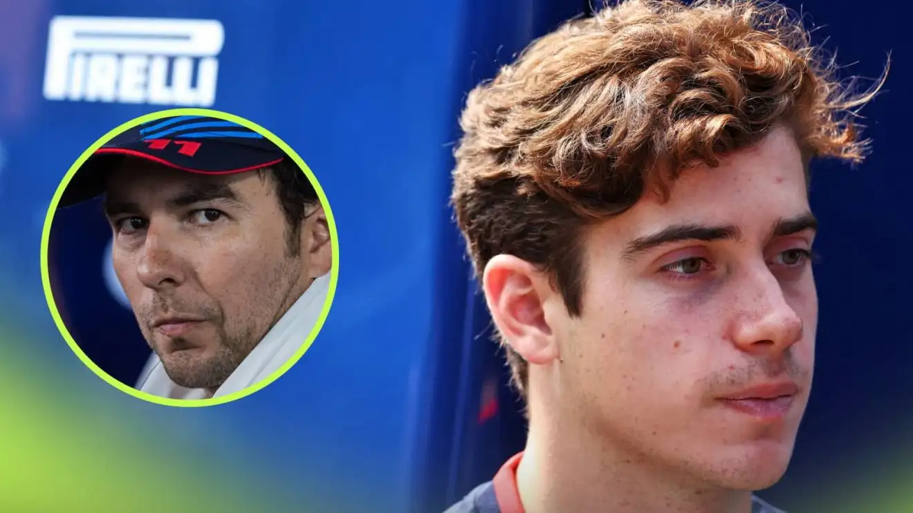 c-711 Franco Colapinto looks on with an inset of Sergio Perez looking concerned