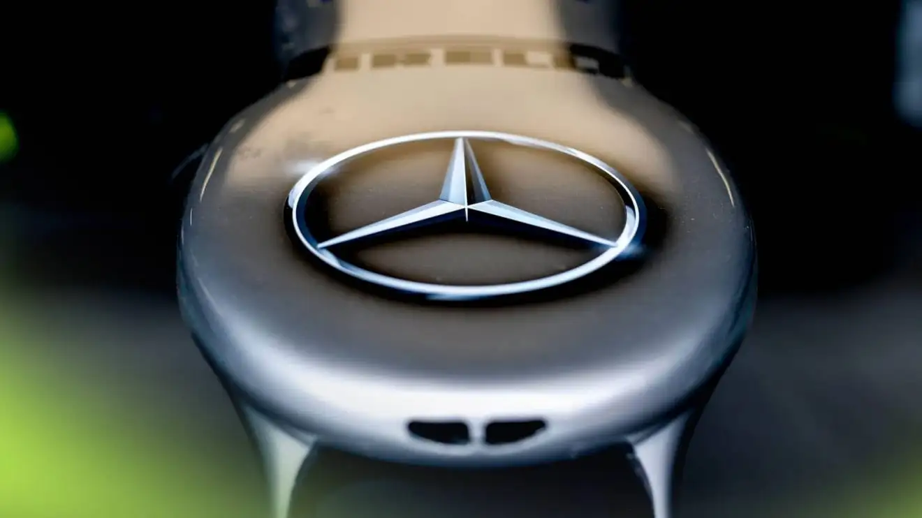 c-741 A close-up shot of a Mercedes F1 nose with the three-pointed star logo clearly visible