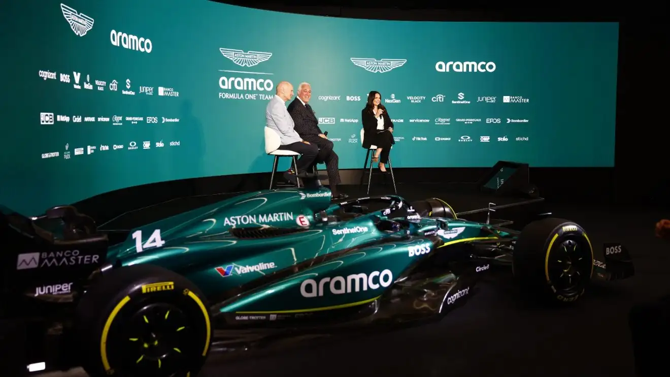 c-762 Adrian Newey and Lawrence Stroll, Owner, Aston Martin F1 Team, on stage with Laura Winter