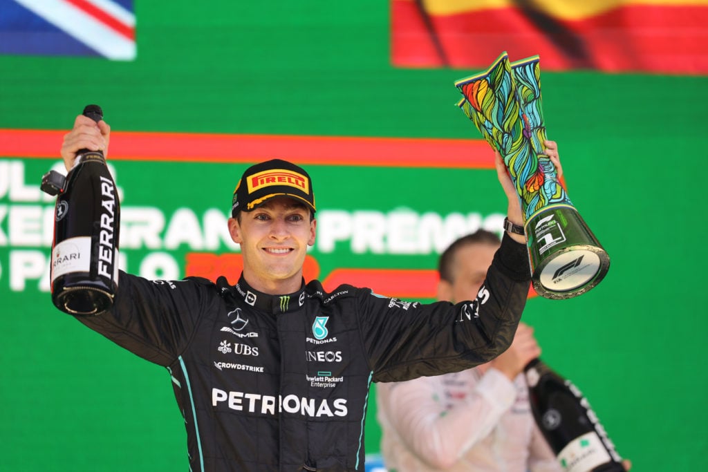 George Russel of Great Britain, Mercedes AMG F1 Team driver celebrates on Podium during the F1 Grand Prix of Brazil at Autodromo Jose Carlos Pace o...