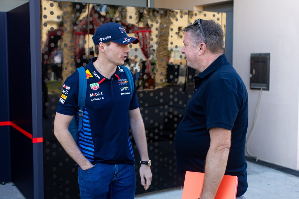 gettyimages-2045380668-1024x683-1 Max Verstappen of the Netherlands and Oracle Red Bull Racing and David Croft of Sky Sports F1 talk in the paddock during previews ahead of the F1 G...
