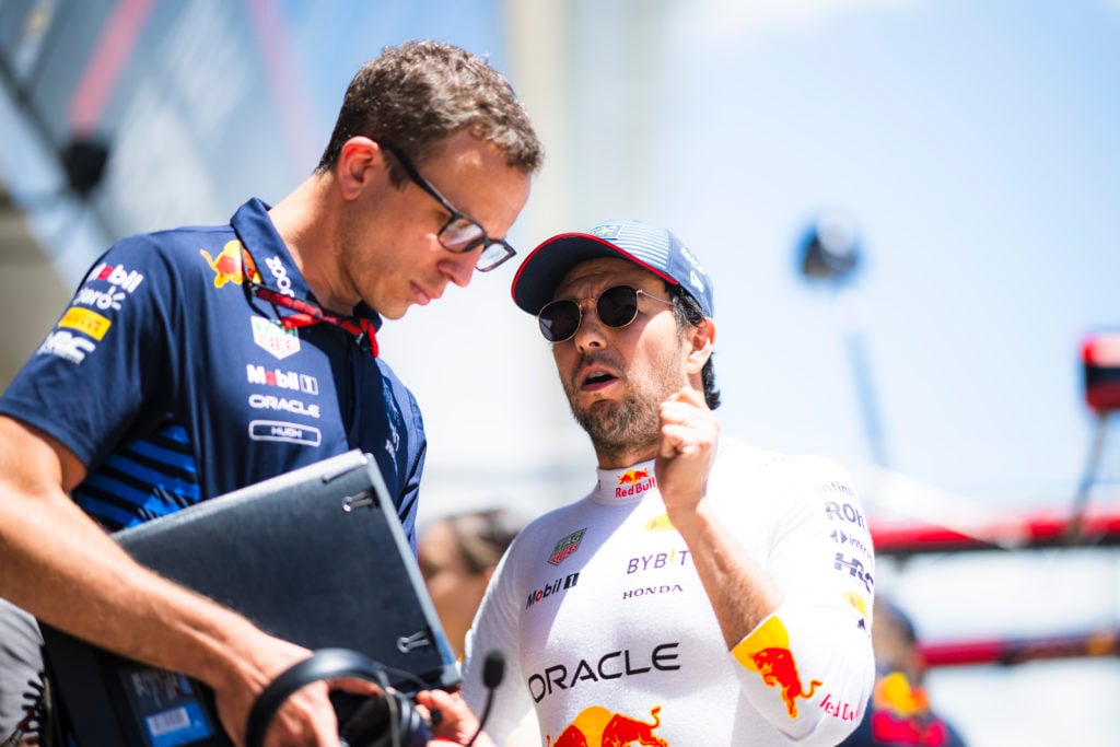 gettyimages-2158588945-1024x683-1 Sergio Perez of Mexico and Oracle Red Bull Racing talks with race engineer Hugh Bird in the Pitlane during practice ahead of the F1 Grand Prix of S...
