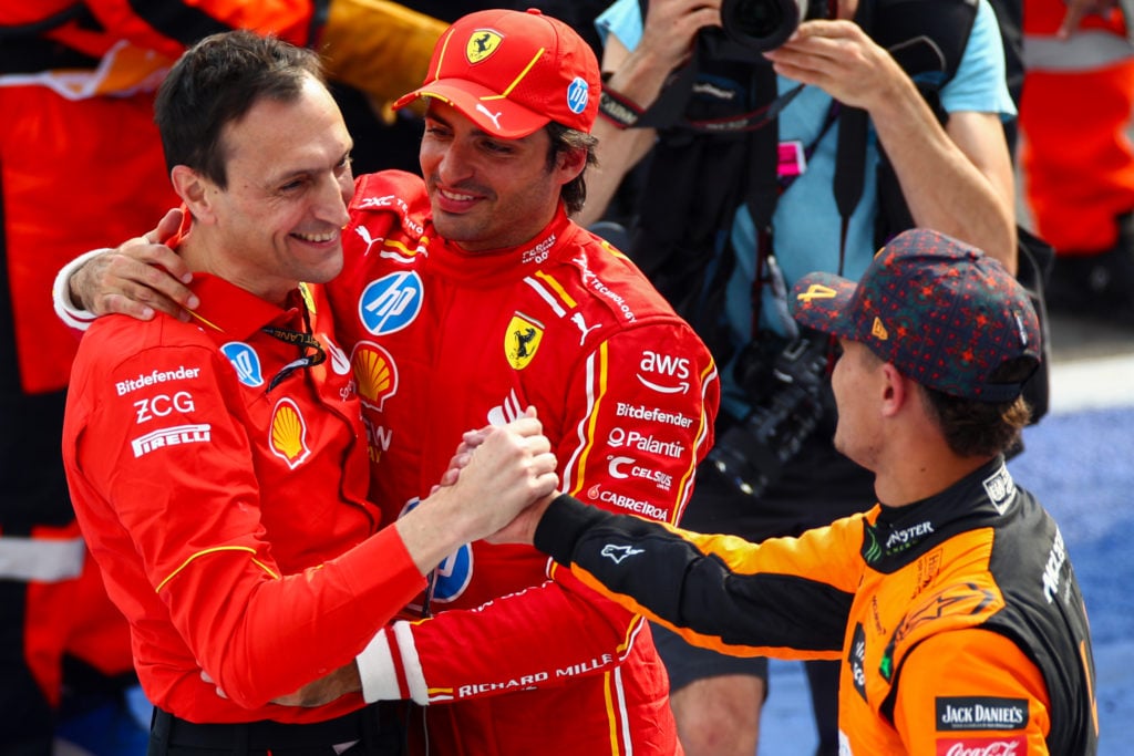 gettyimages-2181590493-1024x683-1 Lando Norris of McLaren and Great Britain congratulaes Carlos Sainz of Ferrari and Spain and his race engineer Riccardo Adami during the F1 Grand P...