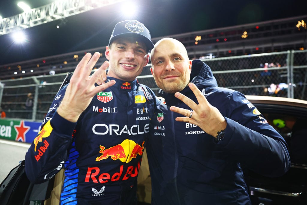gettyimages-2186585153-1024x683-1 2024 F1 World Drivers Champion Max Verstappen of the Netherlands and Oracle Red Bull Racing celebrates with race engineer Gianpiero Lambiase in par...