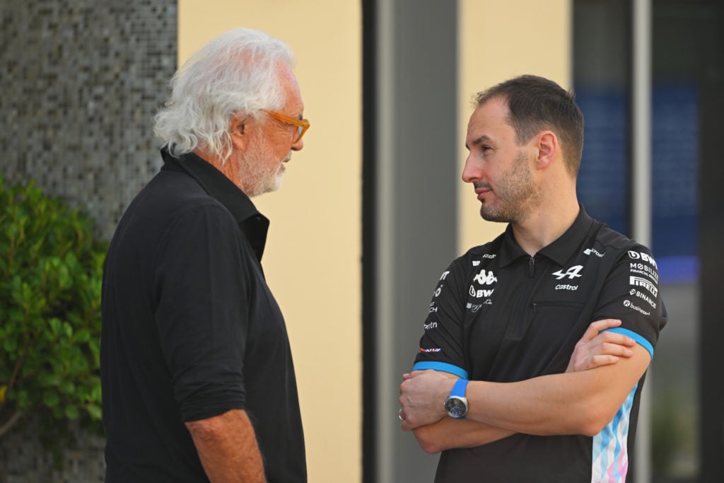 gettyimages-2188337307-1024x683-1 Flavio Briatore, Executive Advisor to Alpine F1, talks with Oliver Oakes, Team Principal of Alpine F1 in the Paddock during previews ahead of the ...