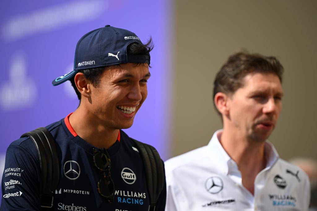 gettyimages-2188665920-1024x682-1 Alexander Albon of Thailand and Williams and James Vowles, Team Principal of Williams walk in the Paddock prior to final practice ahead of the F1 G...