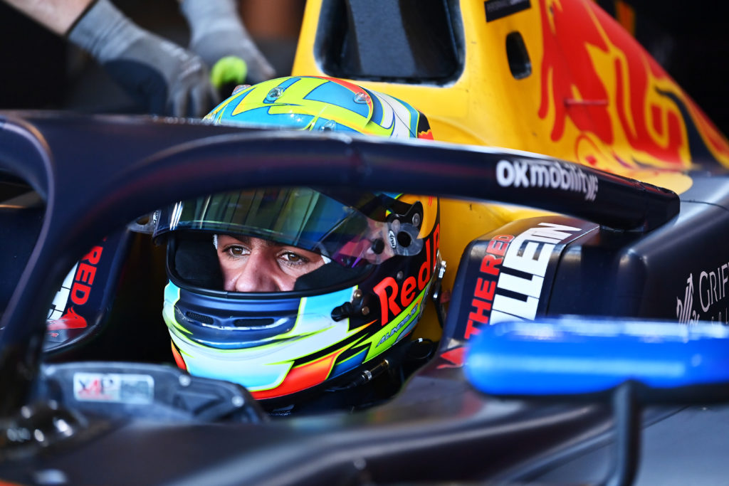 gettyimages-2189705043-1024x683-1 Arvid Lindblad of Great Britain and Campos Racing (20) prepares to drive in the garage during day three of Formula 2 Testing at Yas Marina Circuit ...