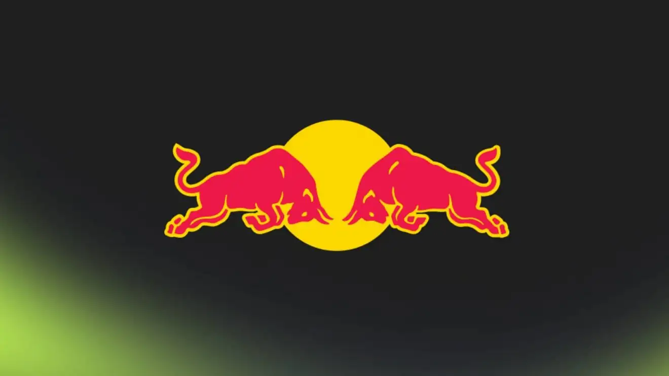 c-392 The Red Bull logo on a black background with PlanetF1.com's trademark lime-green mist at the bottom