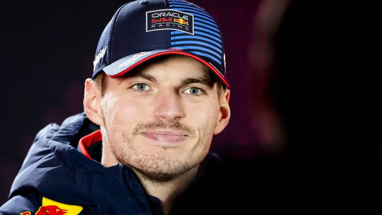 c-441 Red Bull's Max Verstappen smiling as he talks to media at the 2024 Las Vegas Grand Prix