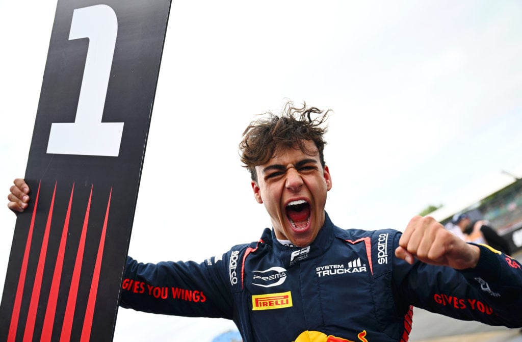 gettyimages-2160989997-1024x671-1 Race winner Arvid Lindblad of Great Britain and PREMA Racing (3) celebrates in parc ferme during the Round 7 Silverstone Feature race of the Formul...