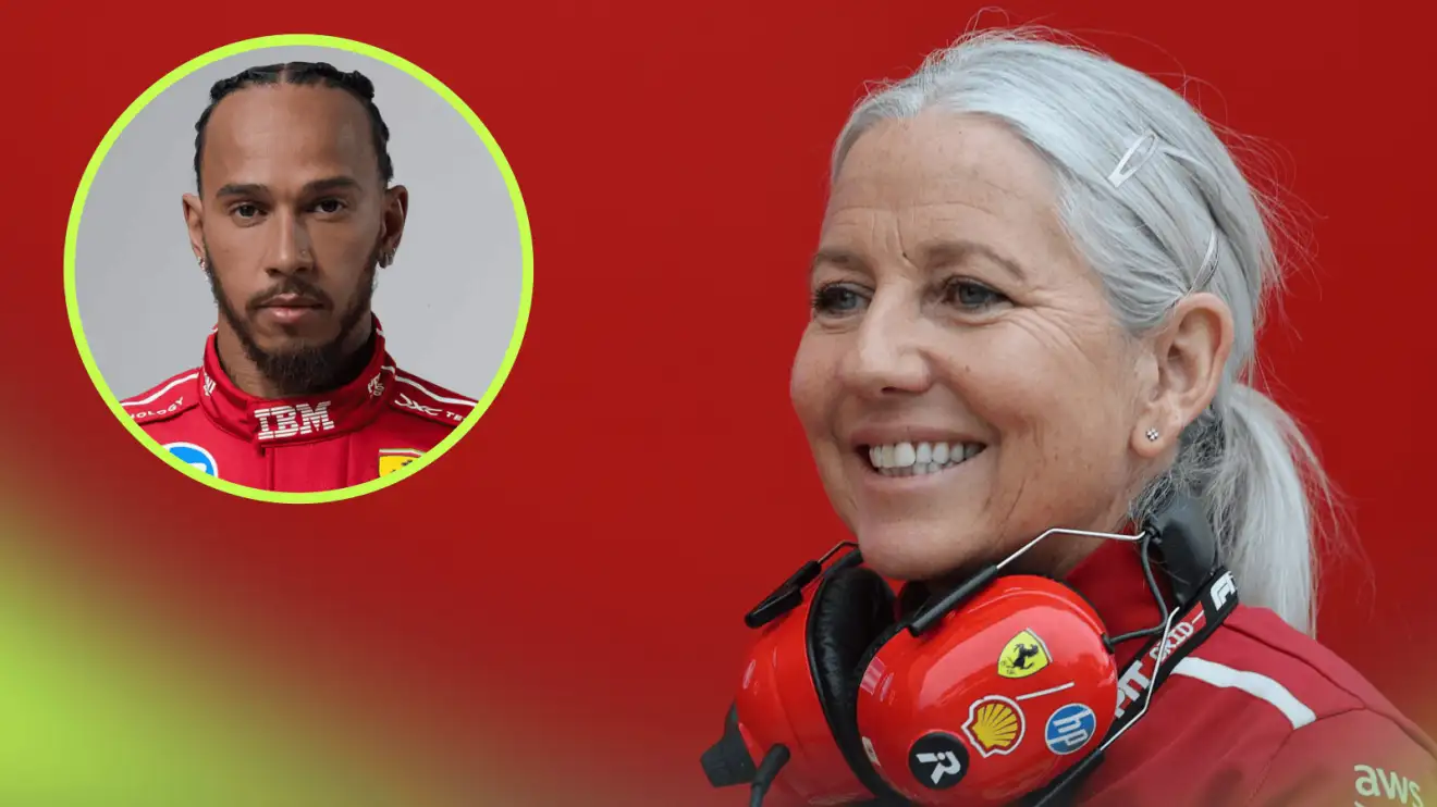 Angela Cullen smiling in Ferrari uniform with an inset of Lewis Hamilton