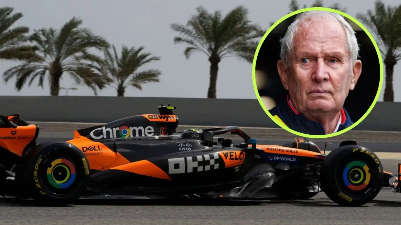 Oscar Piastri on track for McLaren in Bahrain F1 2025 testing, with Helmut Marko in a circle top right