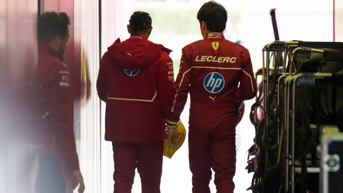 c-286 Ferrari's Lewis Hamilton and Charles Leclerc pictured from behind at Bahrain F1 2025 testing