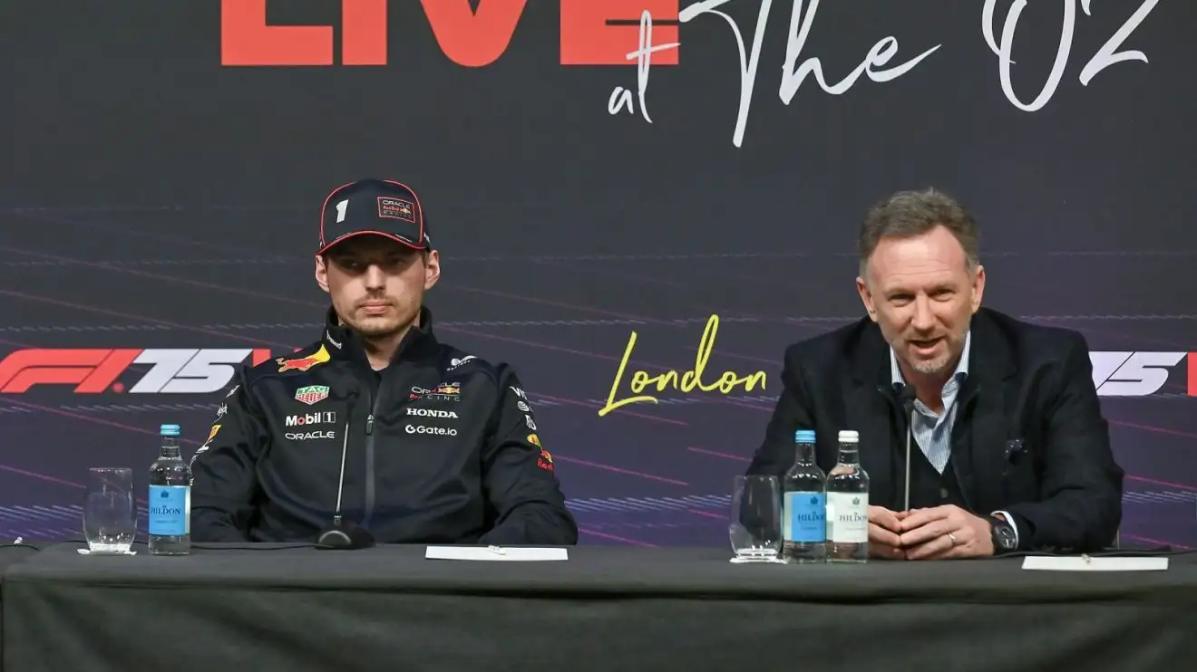 c-292 Red Bull's Max Verstappen and Christian Horner speaking at the F1 75 season launch event in London