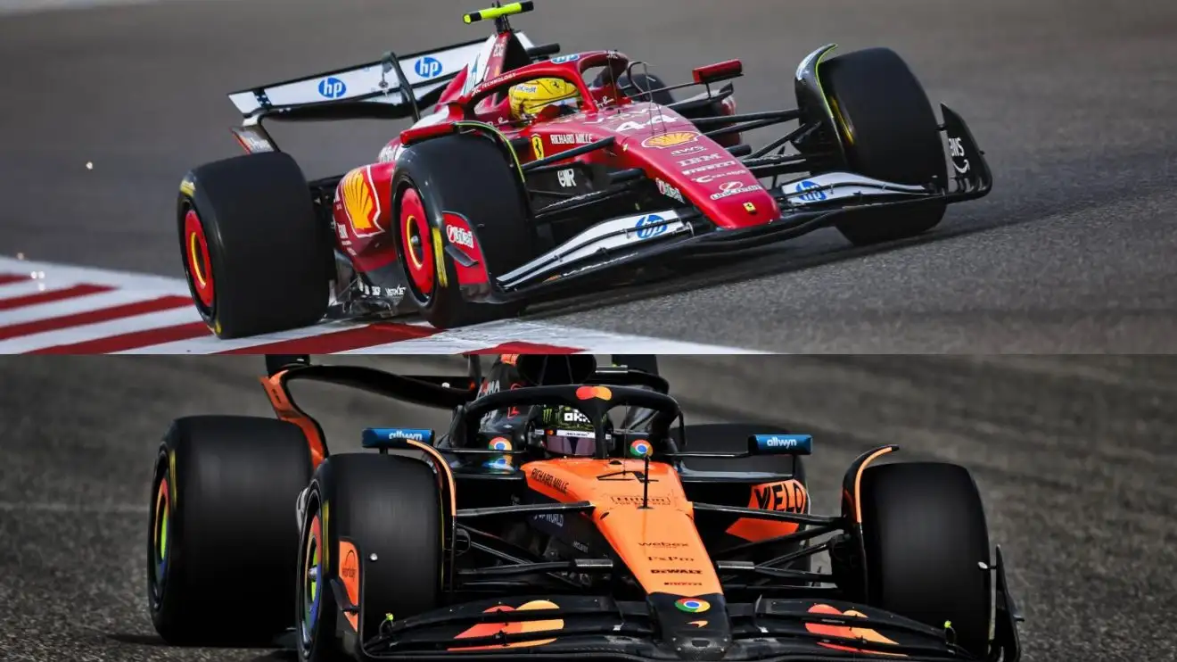 c-304 Lewis Hamilton in the Ferrari SF-25, above Lando Norris driving the McLaren MCL39