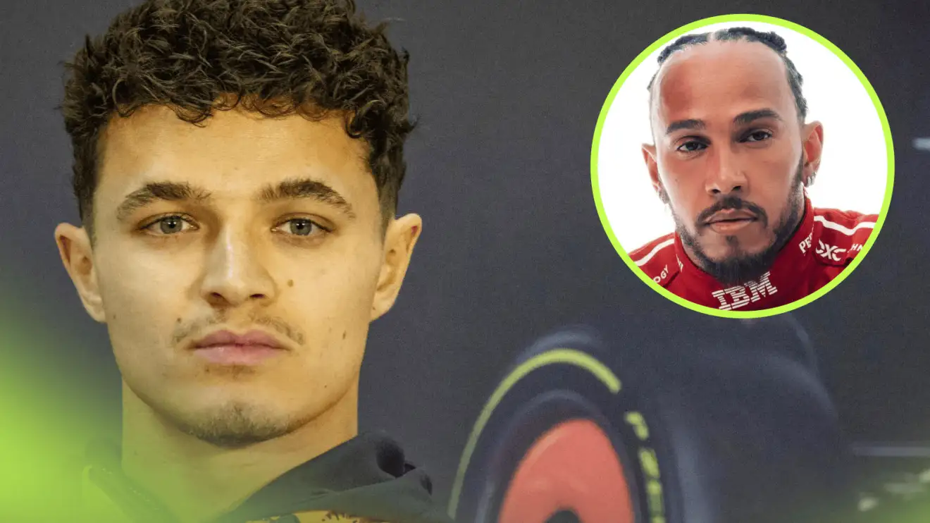 Lando Norris looks on in a press conference with an inset of Lewis Hamilton in Ferrari overalls