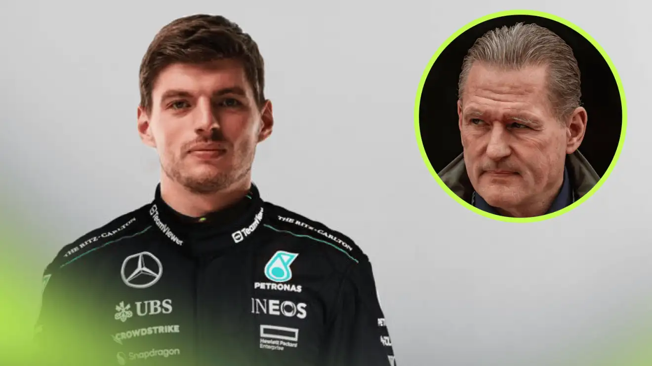 A mock-up image of Max Verstappen in a Mercedes race suit with an inset of Jos Verstappen
