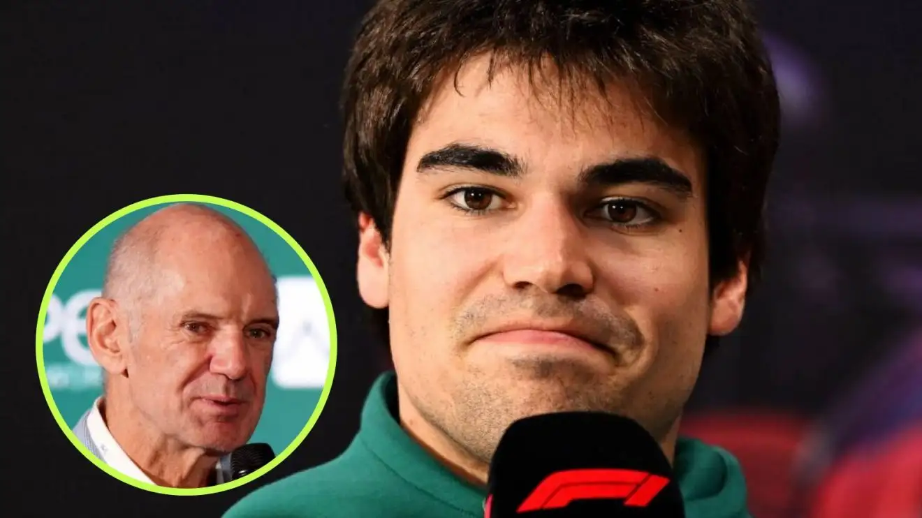 c-373 Aston Martin's Lance Stroll looks impressed with Adrian Newey in a circle bottom left