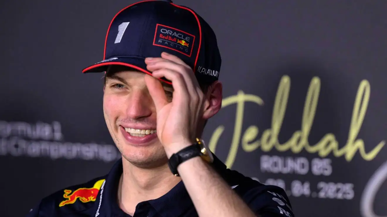 c-1774 Max Verstappen all smiles in a press conference after taking pole for the 2025 Saudi Arabian Grand Prix