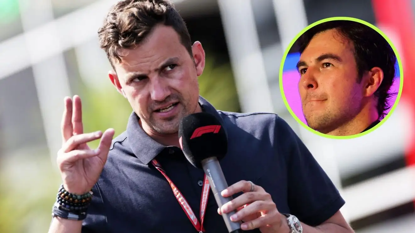 c-1786 Will Buxton speaking into an F1 microphone as Sergio Perez looks his way from a circle