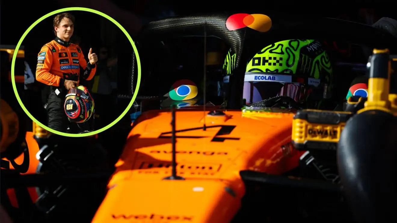 c-1002 Oscar Piastri celebrates pole position, Lando Norris in the car
