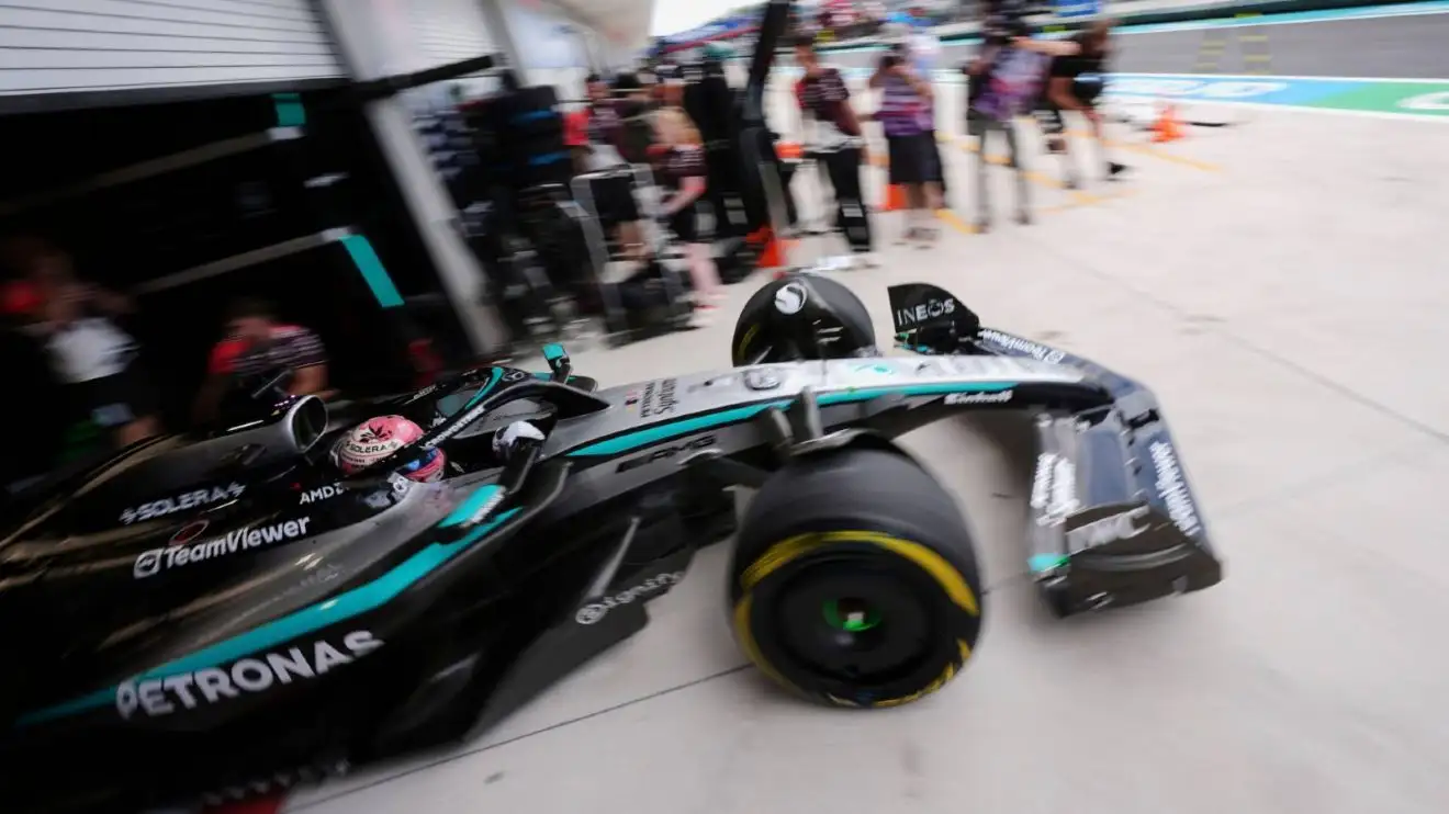 c-106 Mercedes' George Russell leaves the garage at the 2025 Miami Grand Prix.