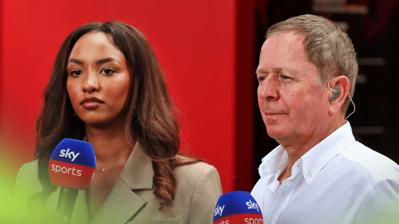 c-1128 Naomi Schiff and Martin Brundle stood together during a Sky F1 broadcast