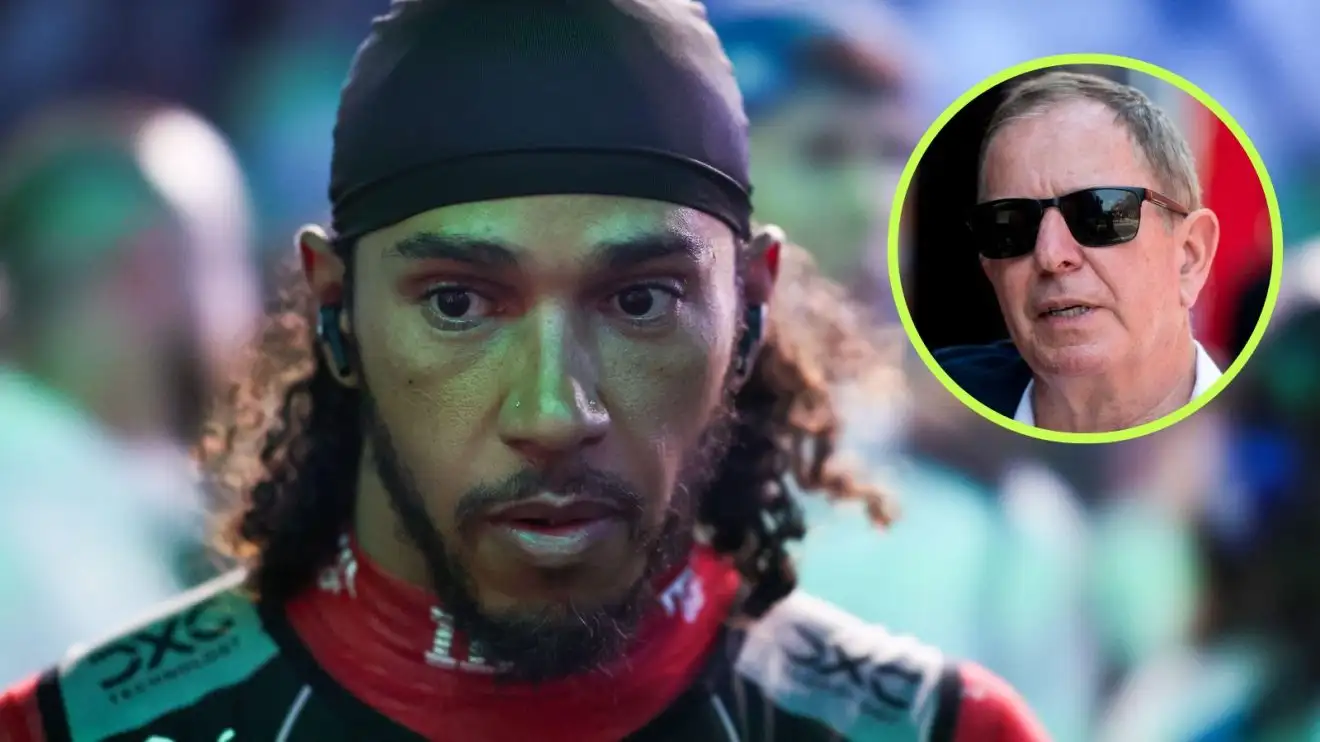 c-121 A stern-looking Lewis Hamilton at the 2025 Saudi Arabian Grand Prix, and Martin Brundle in a circle top right