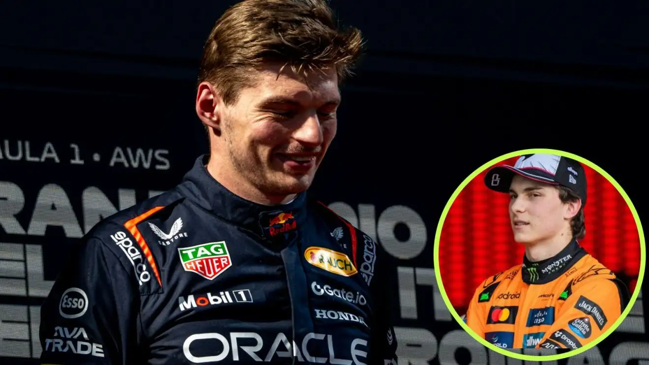 c-1242 Max Verstappen smiling on the 2025 Emilia Romagna Grand Prix podium, with Oscar Piastri in a circle bottom right