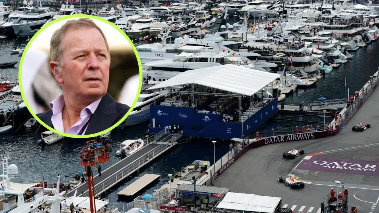c-1326 Action on track at the 2025 Monaco Grand Prix, as Martin Brundle watches from a circle top left