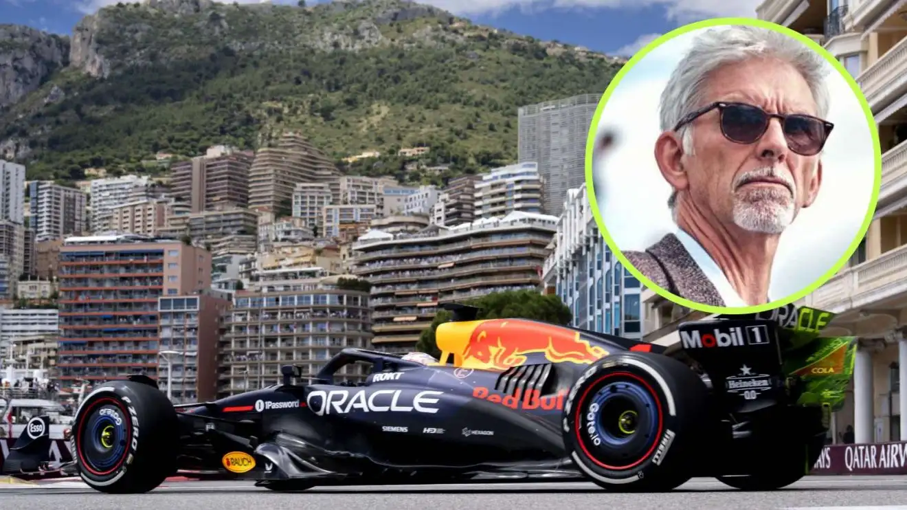c-1332 Max Verstappen driving the Red Bull RB21 at the 2025 Monaco Grand Prix, as Damon Hill looks on from a circle on the right