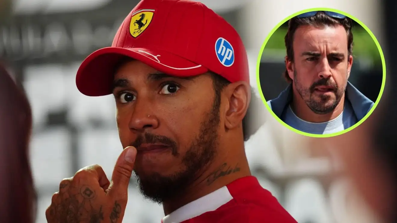 c-1335 Ferrari's Lewis Hamilton looking stern, with Aston Martin's Fernando Alonso in a circle top right